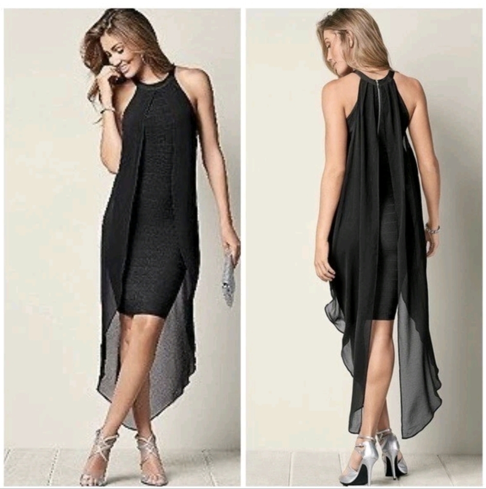 VENUS Black Chiffon Overlay Bandage Dress Size High Neckline‎ Slimming Sz 10